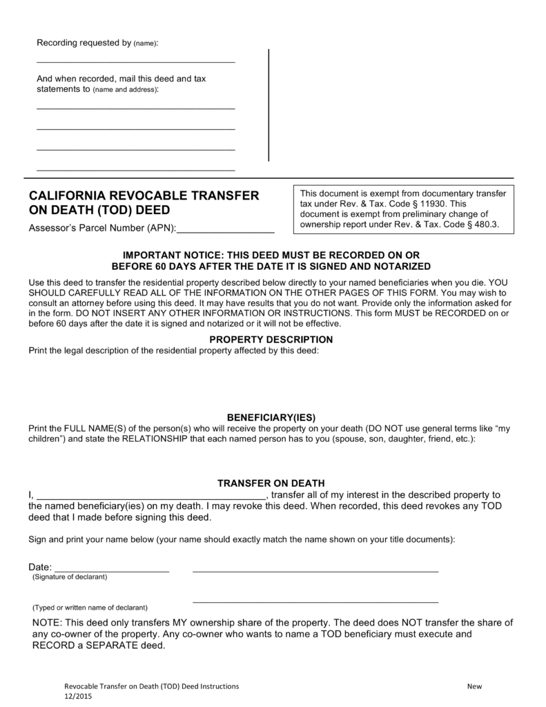 California Transfer On Death Deed Form