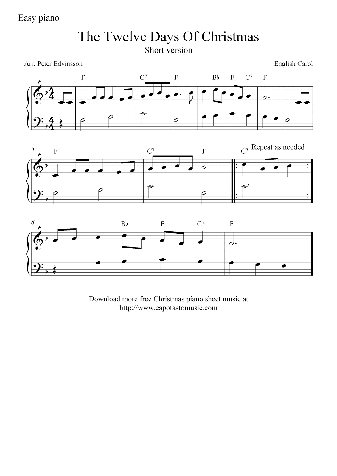 Free Christmas Piano Sheet Music Notes, The Twelve Days Of Christmas - Free Christmas Piano Sheet Music For Beginners Printable