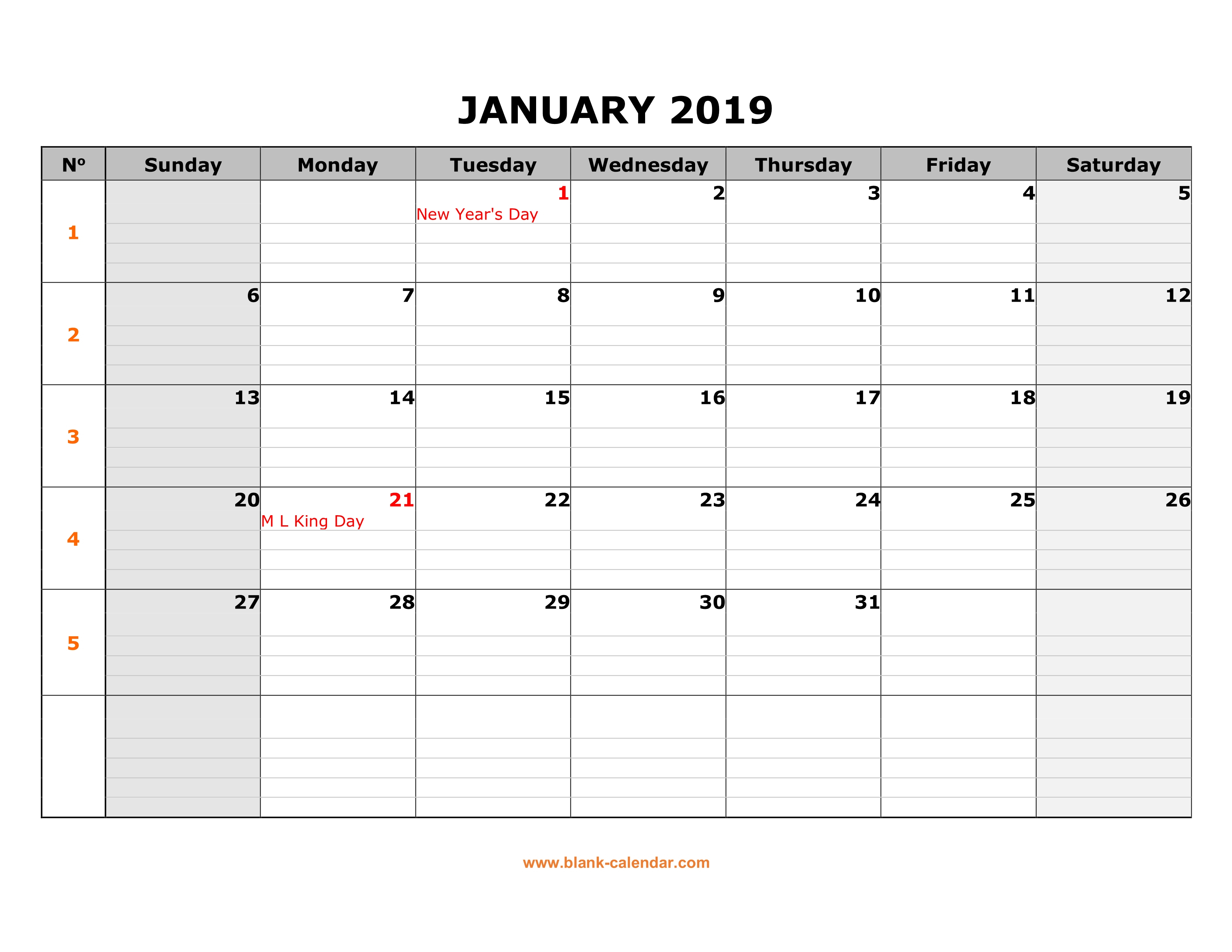 Free Download Printable Calendar 2019, Large Box Grid, Space For Notes - Free Printable Schedule