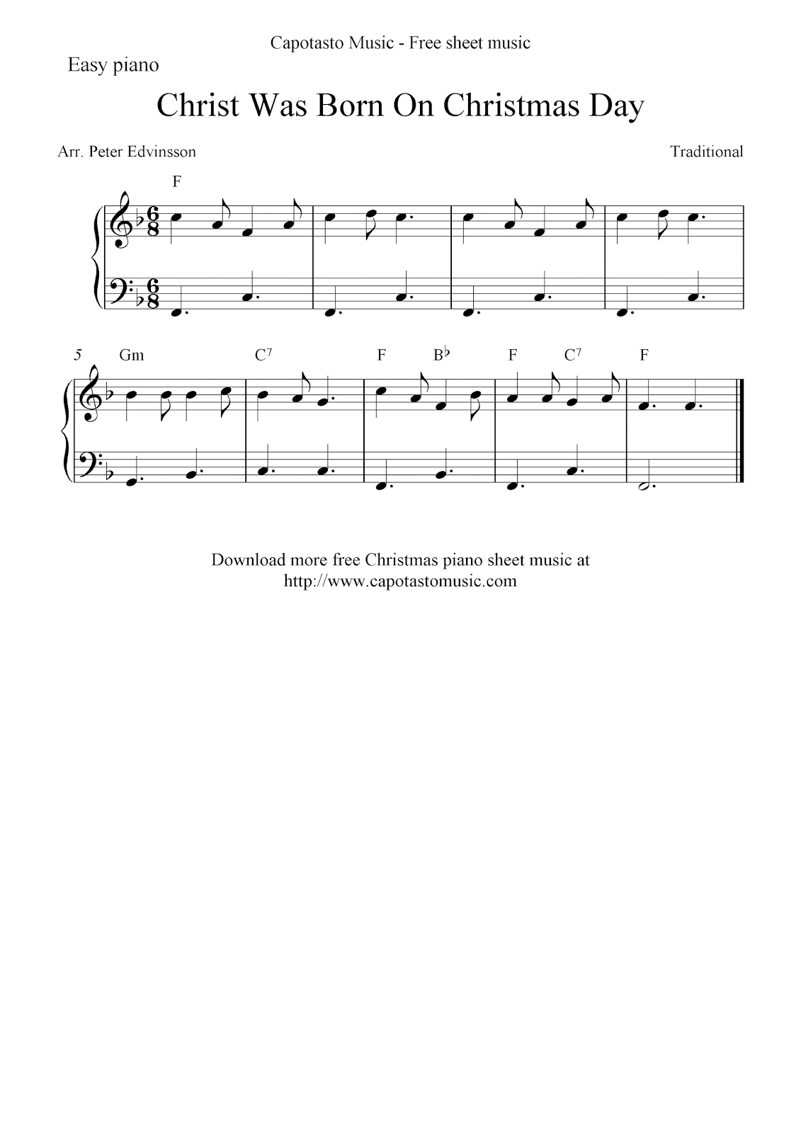 Free Easy Christmas Piano Sheet Music, Christ Was Born On Christmas Day - Christmas Piano Sheet Music Easy Free Printable
