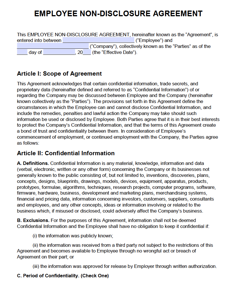 Free Employee Non-Disclosure Agreement (Nda) | Pdf | Word (.docx) - Free Printable Non Disclosure Agreement Form