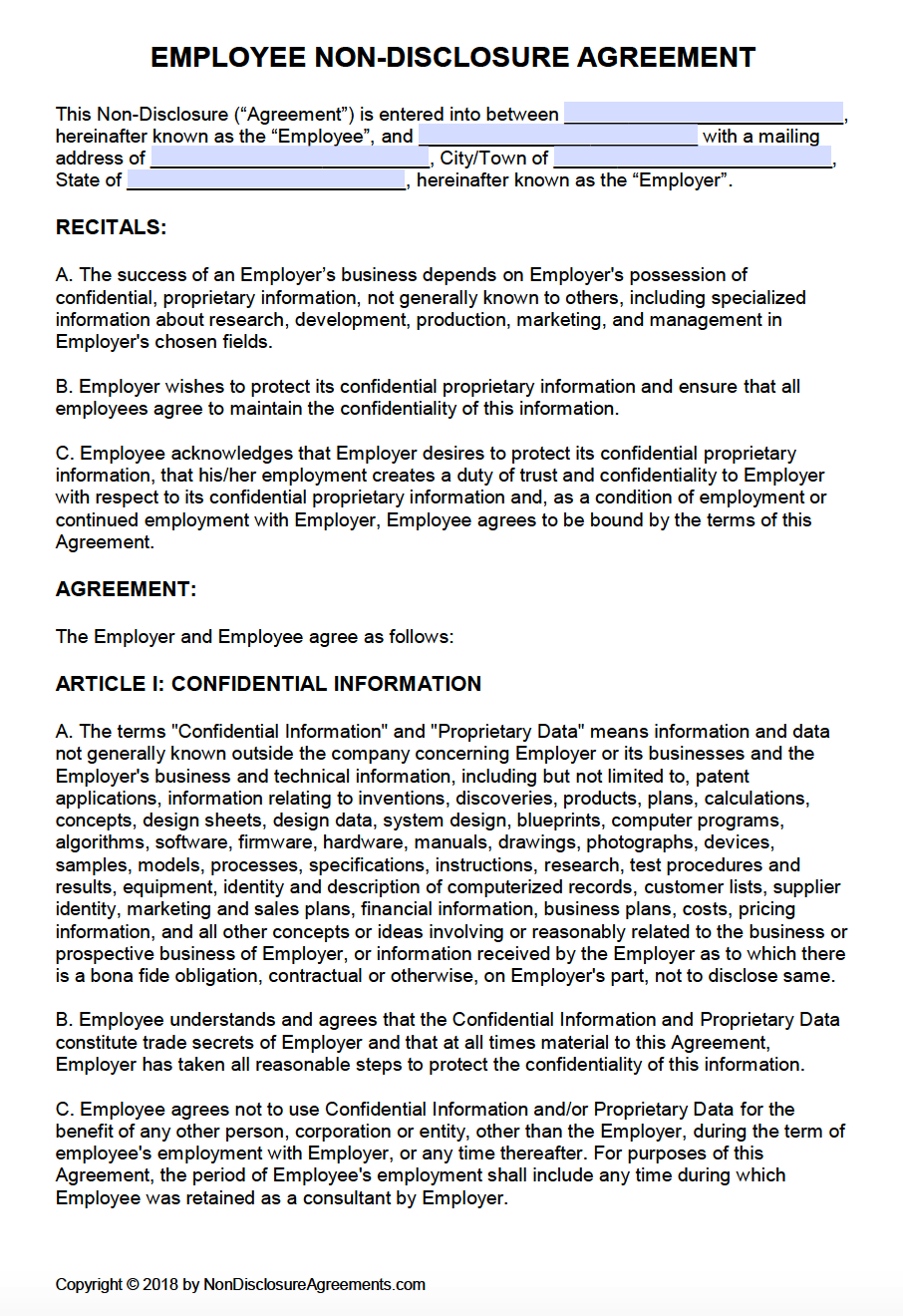 Free Employee Non-Disclosure Agreement Template | Pdf | Word - Free Printable Non Disclosure Agreement Form