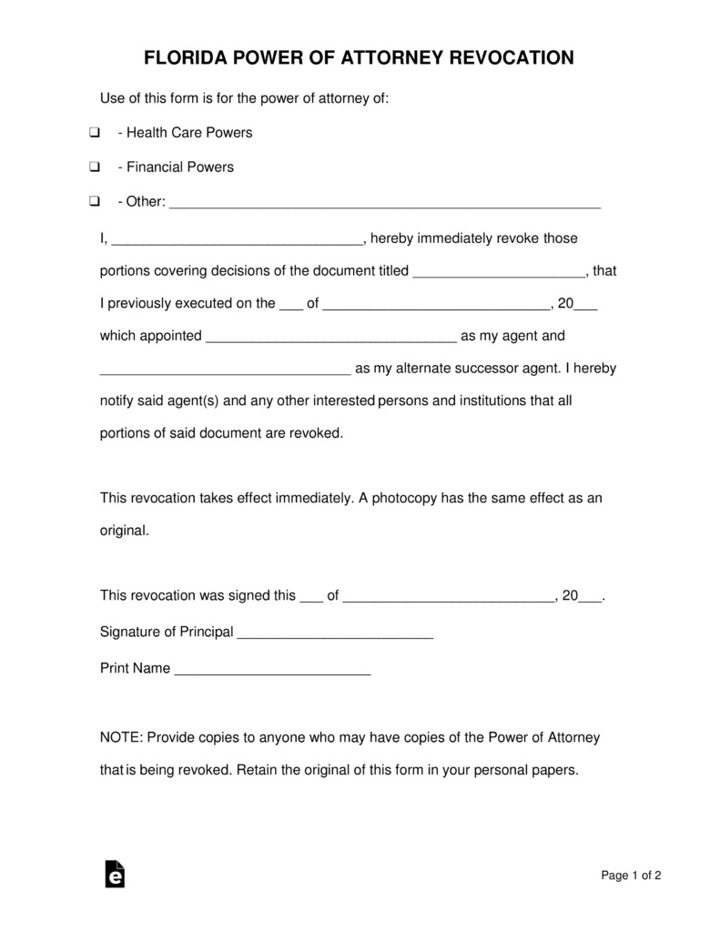 Free Florida Revocation Of Power Of Attorney Form - Pdf | Word - Free Printable Revocation Of Power Of Attorney Form