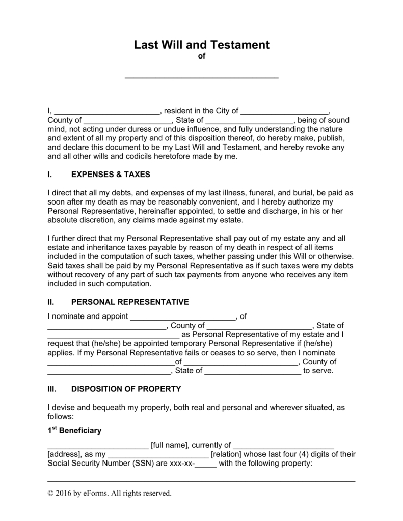 Free Last Will And Testament Templates - A “Will” - Pdf | Word - Free Printable Last Will And Testament Blank Forms