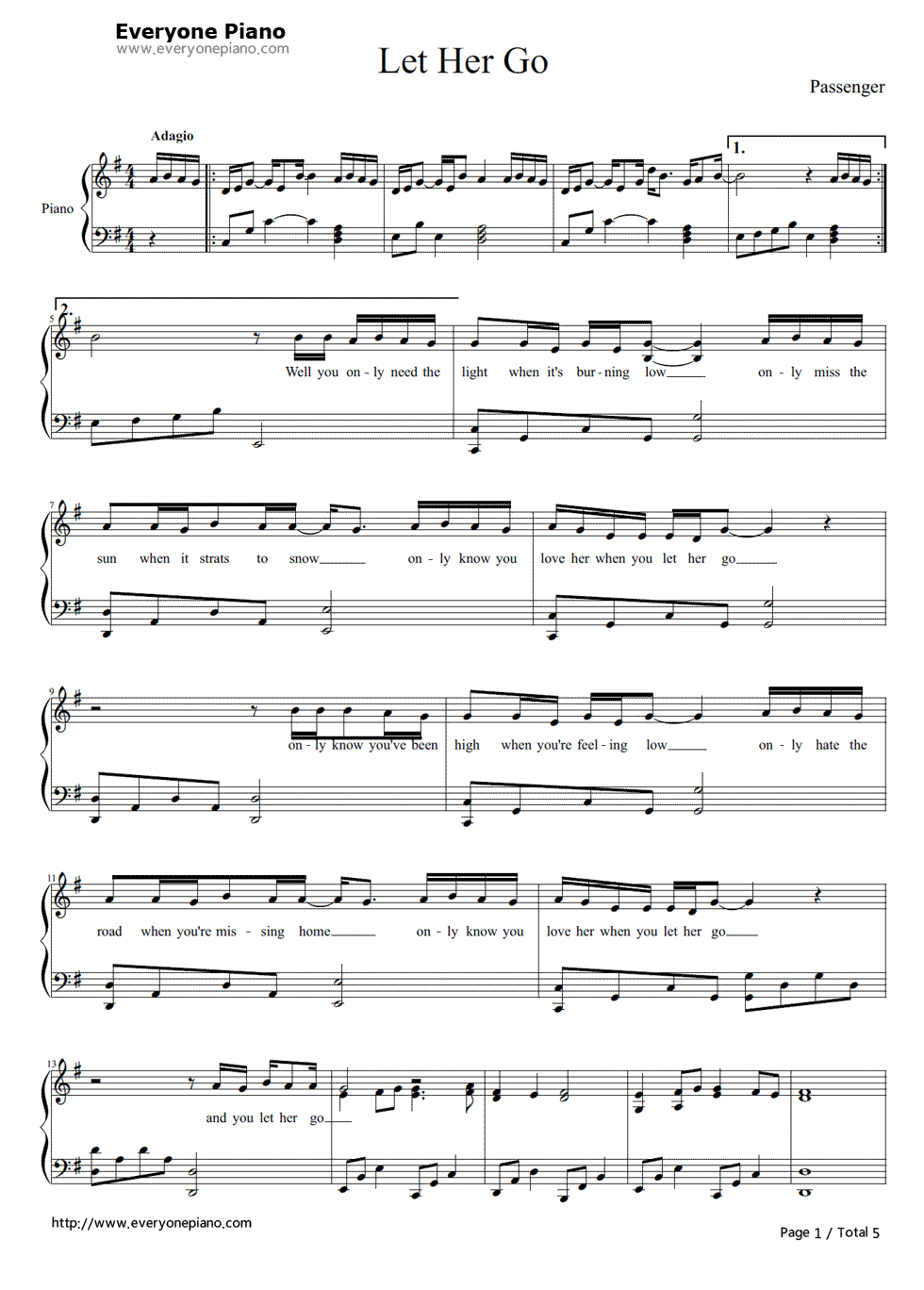 Free Let Her Go-Passenger（Mike Rosenberg） Sheet Music Preview 1 - Let Her Go Piano Sheet Music Free Printable