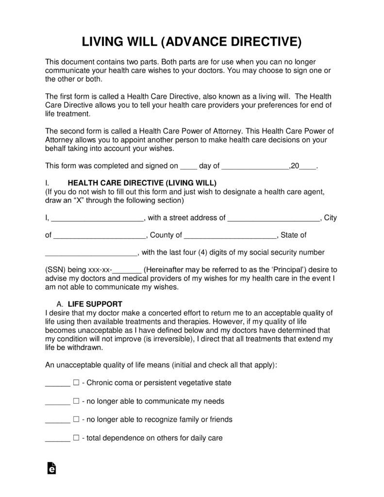 Free Living Will Forms (Advance Directive) | Medical Poa - Pdf - Free Printable Basic Will