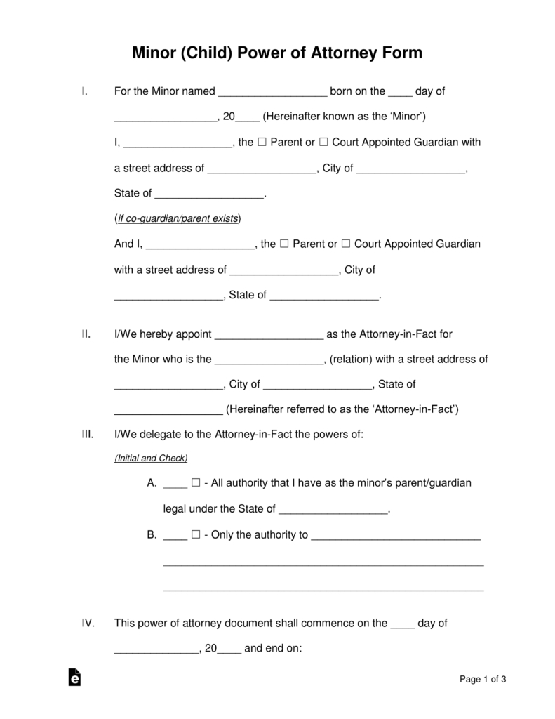 Free Minor (Child) Power Of Attorney Forms - Pdf | Word | Eforms - Free Printable Child Guardianship Forms