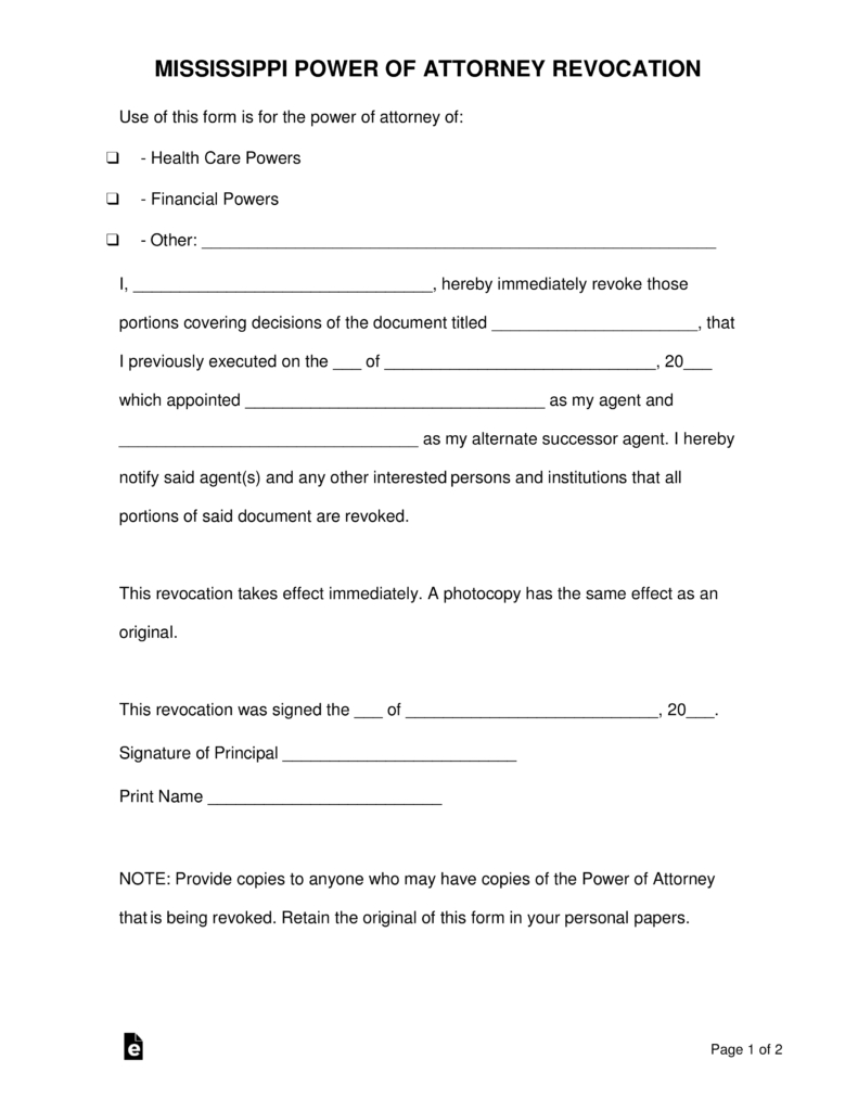Free Mississippi Revocation Power Of Attorney Form - Pdf | Word - Free Printable Revocation Of Power Of Attorney Form