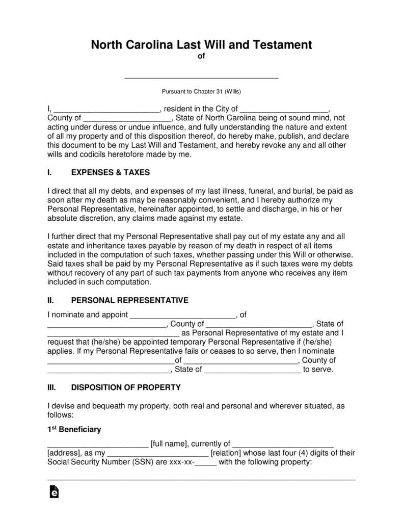 Free North Carolina Last Will And Testament Template - Pdf | Word - Free Printable Legal Documents Forms