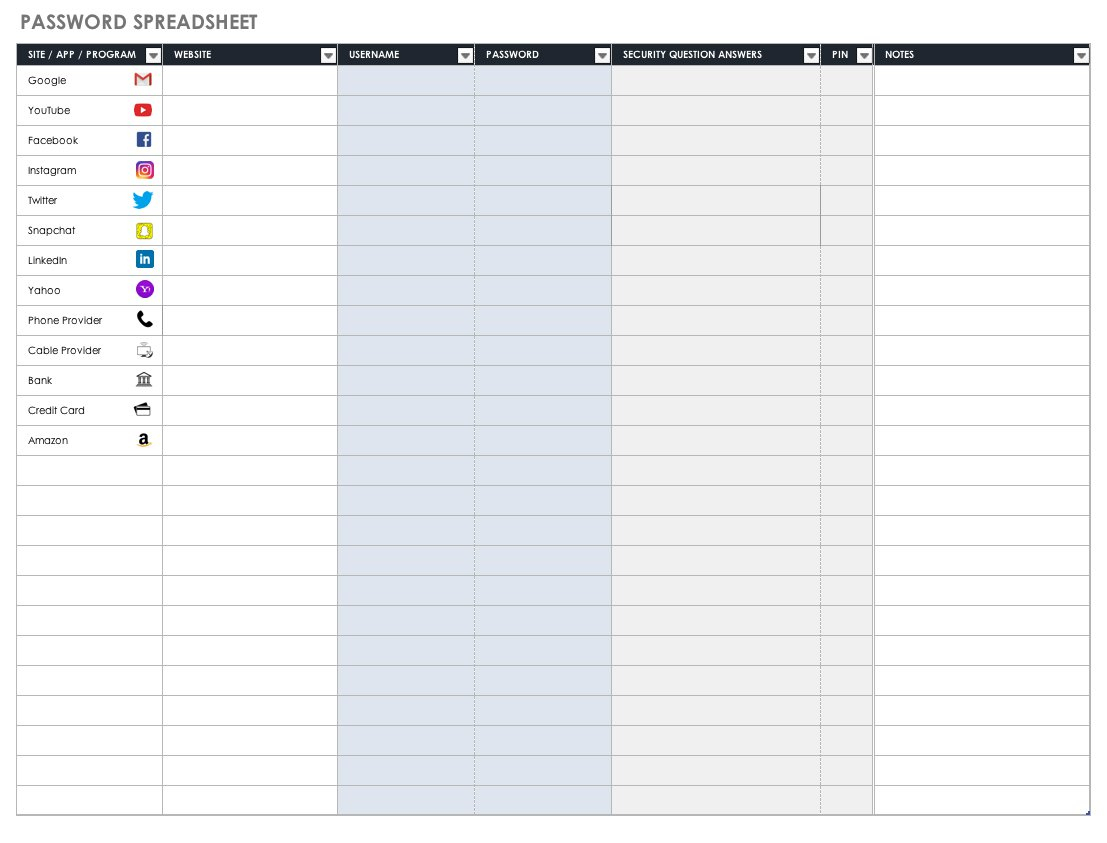 Free Password Templates And Spreadsheets | Smartsheet - Free Printable Password Organizer