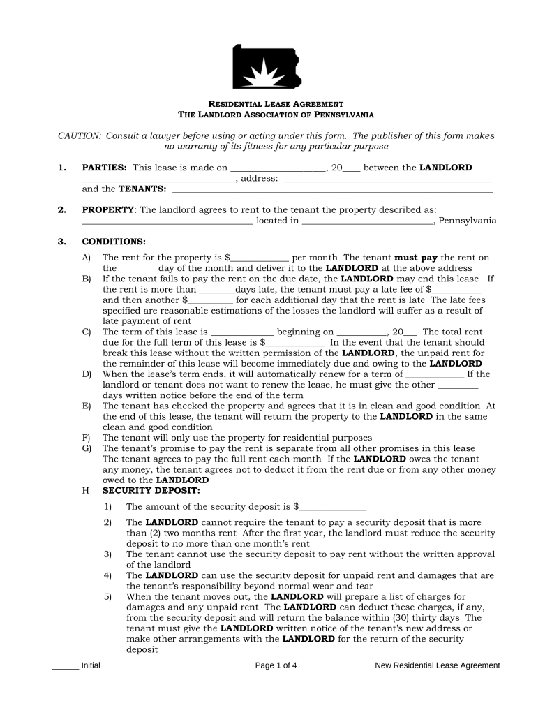 Free Pennsylvania Standard Residential Lease Agreement Form - Pdf - Free Printable Lease Agreement Pa