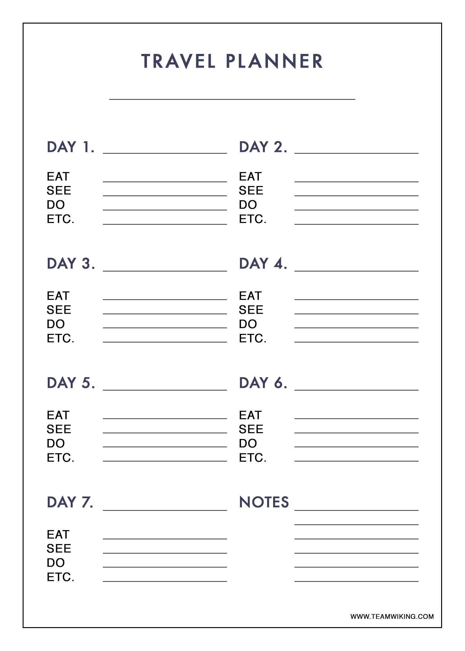 Free Printable 7 Day Travel Planner (Use To Plan Outfits - Packing - Free Printable Road Trip Planner