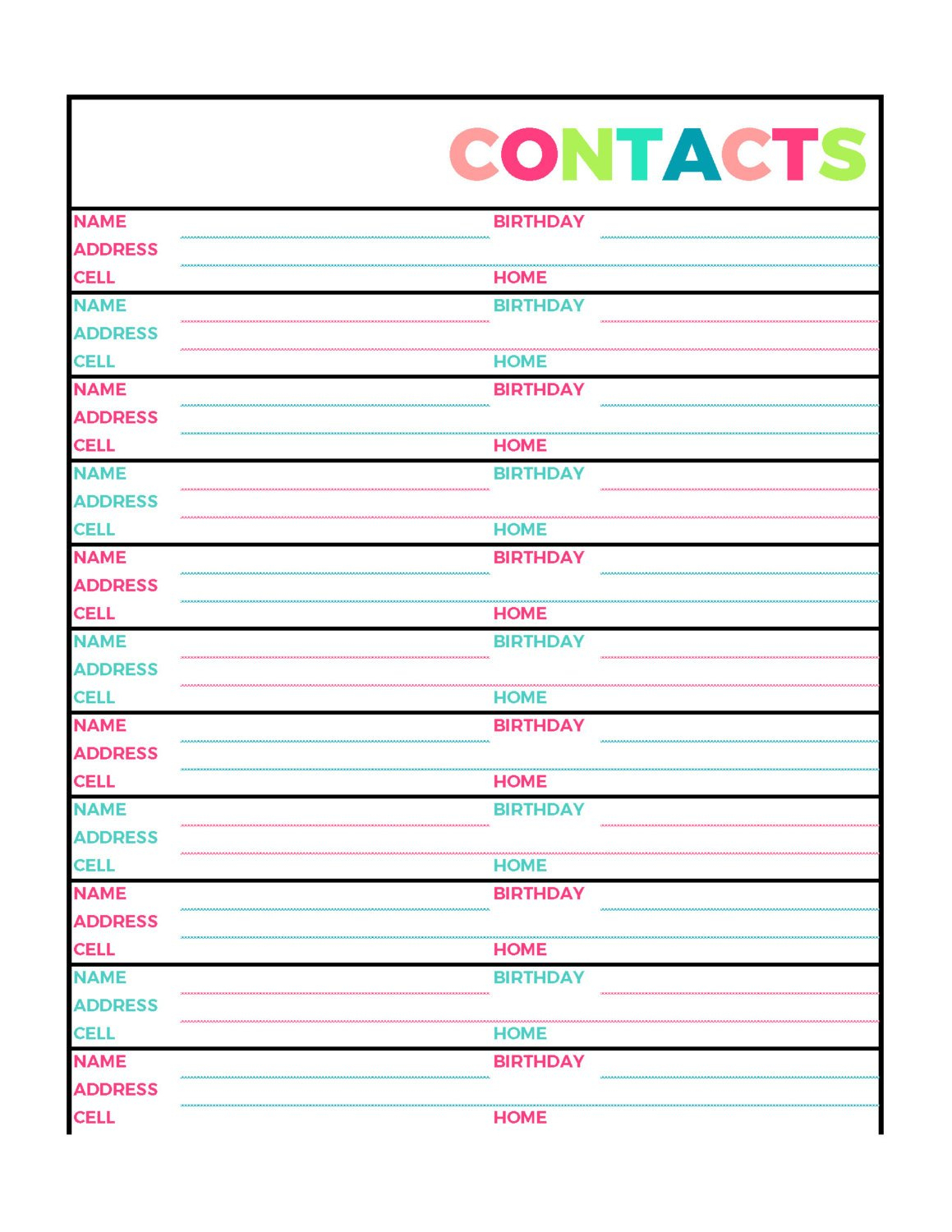 Free Printable Address Book Entry Templates