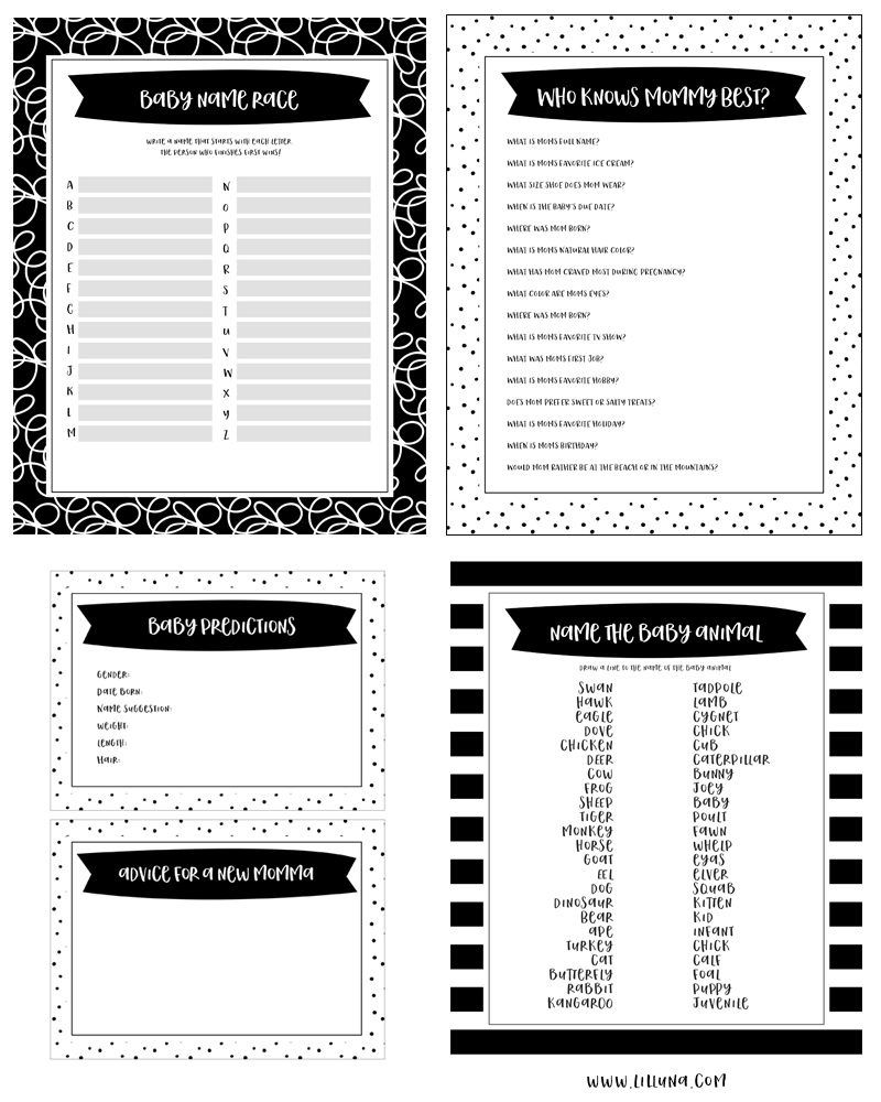 Free Printable Baby Shower Games - 5 Games (In 3 Colors!) | Lil&amp;#039; Luna - Baby Name Race Free Printable