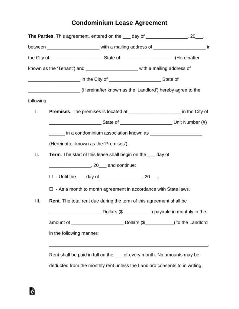 Free Printable Condo Lease Agreement - 2.13.kaartenstemp.nl • - Blank Lease Agreement Free Printable