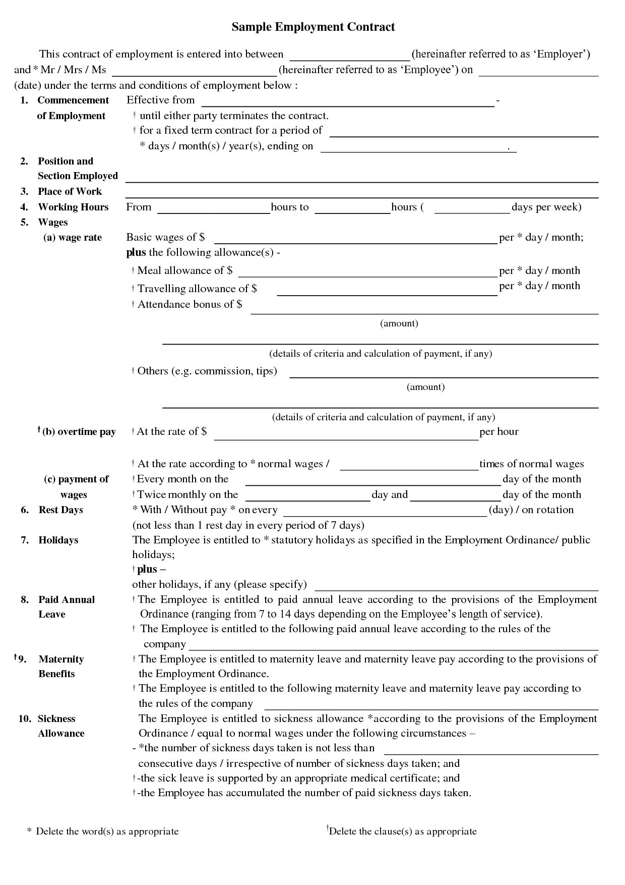 Free Printable Employment Contract Sample Form (Generic) | Sample - Free Printable Employment Contracts