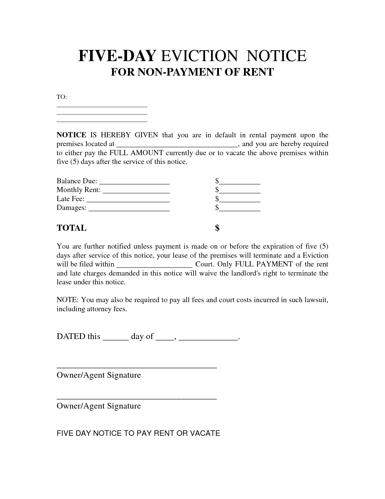 Free Printable Eviction Notice Letter | Bagnas - 5 Day Eviction - Free Printable 3 Day Eviction Notice