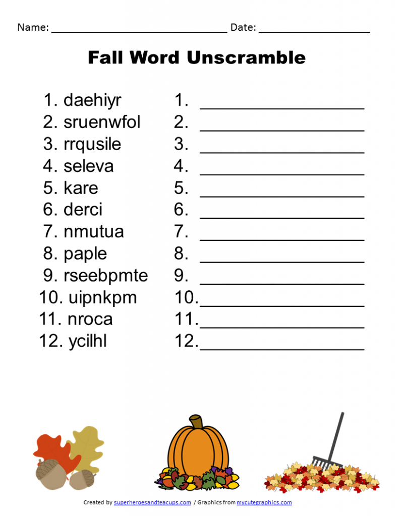 Free Printable - Fall Word Unscramble | Games For Senior Adults - Free Printable Word Scramble Worksheets