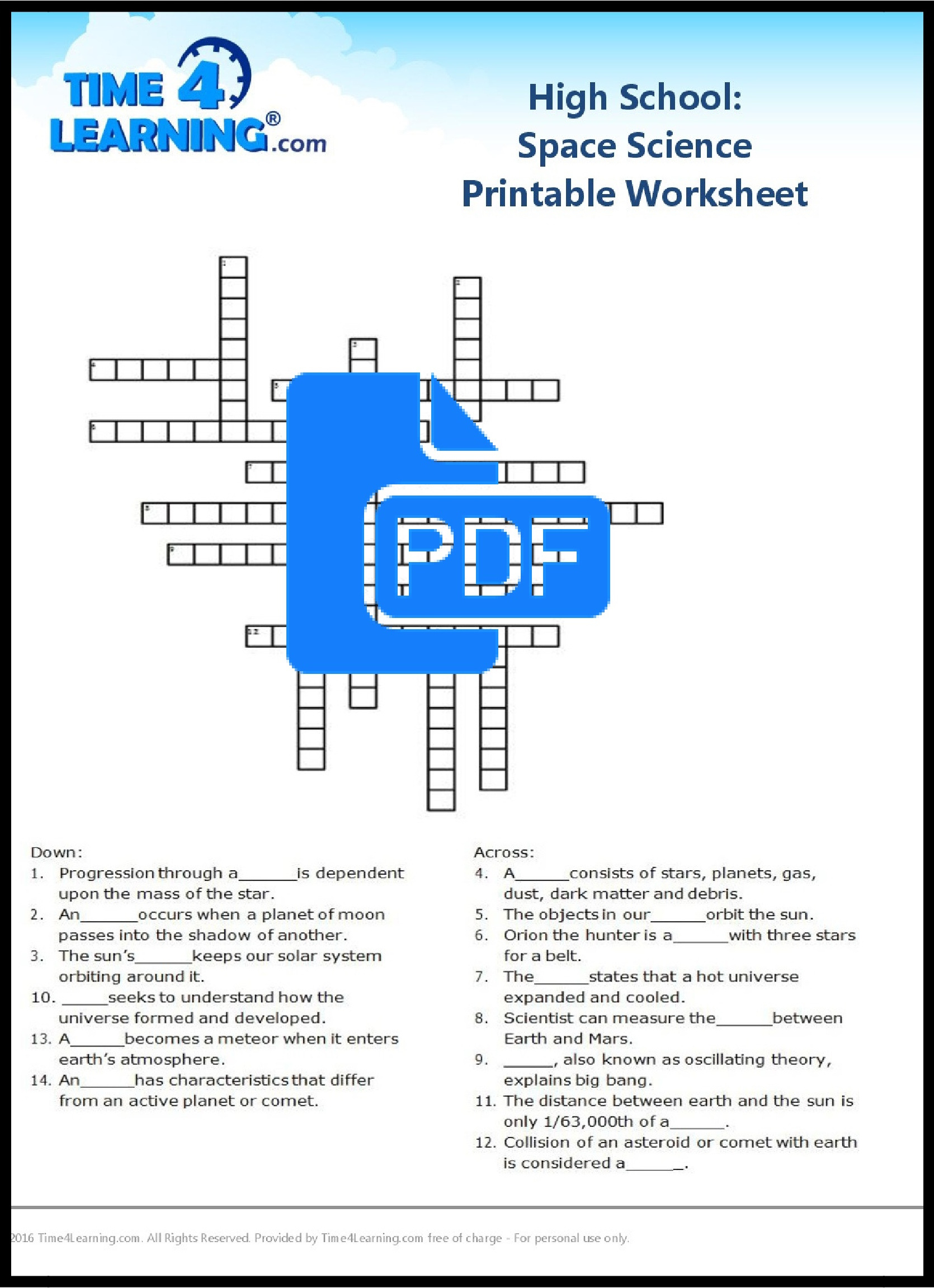 Free Printable: High School Space Science Worksheet | Time4Learning - Free Printable Biology Worksheets For High School