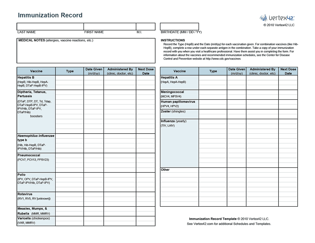 Free Printable Immunization Record (Pdf) From Vertex42 | Puppies - Free Printable Pet Health Record