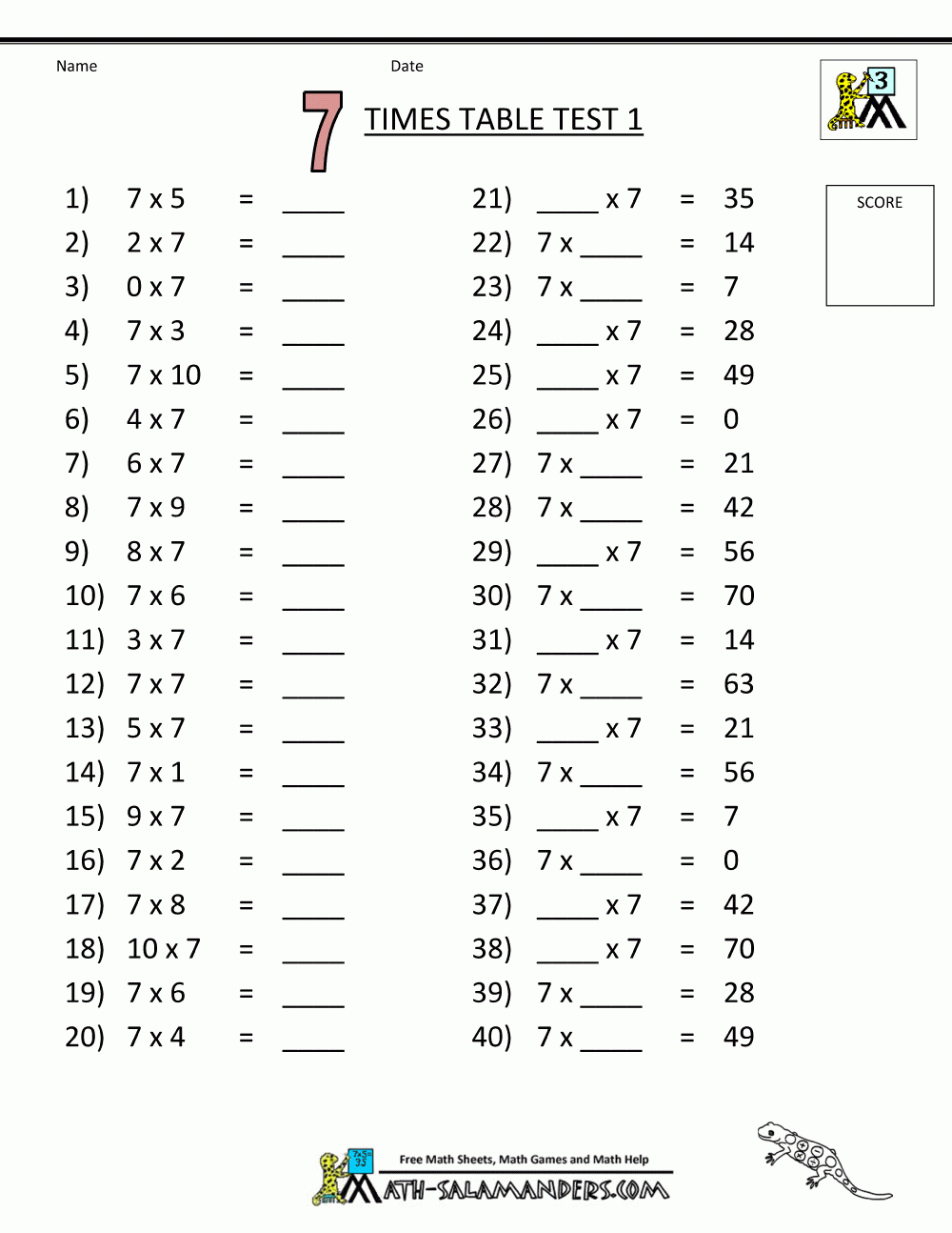 Free Printable Math Sheets 7 Times Table Test 1 | Korrutustabel - Free Printable Multiplication Sheets