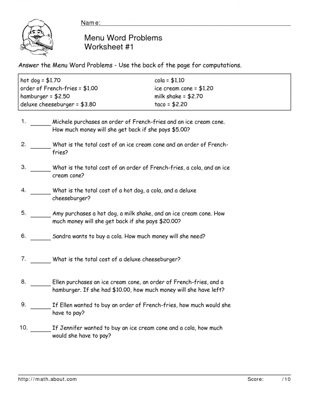 Free Printable Menu Math Worksheets | Lostranquillos - Free Printable Menu Math Worksheets