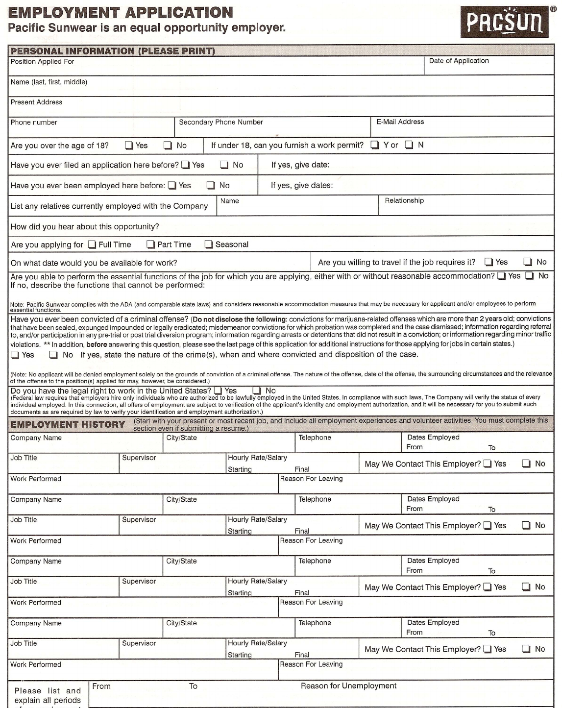 Free Printable Pacsun Job Application Form - Free Online Printable Applications