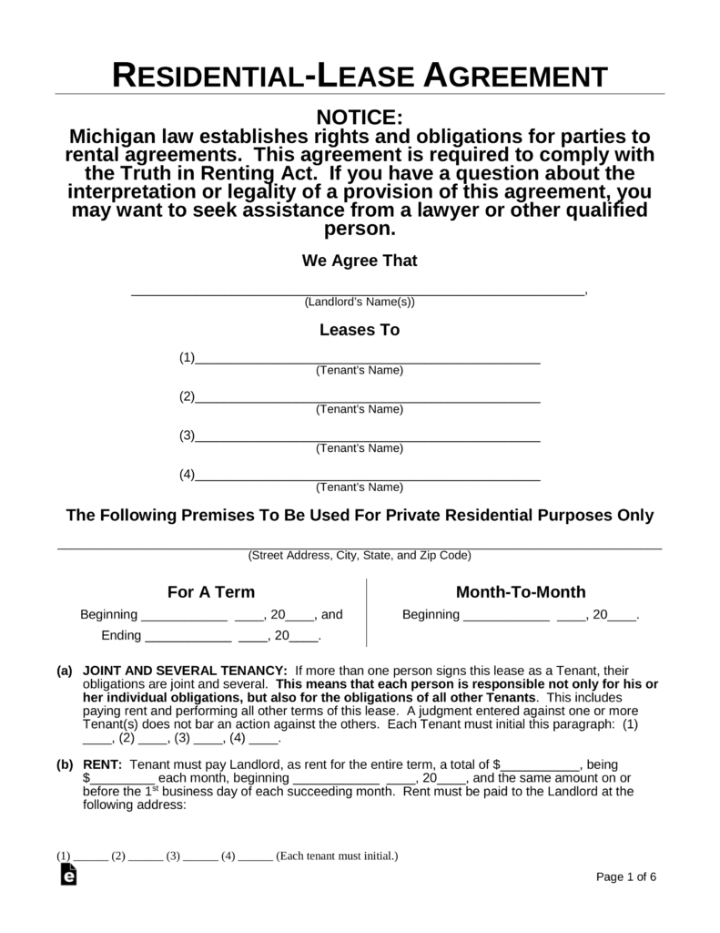 Free Printable Residential Lease Agreement Mi - 2.13.kaartenstemp.nl • - Blank Lease Agreement Free Printable