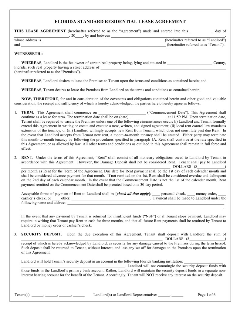 free printable florida residential lease agreement