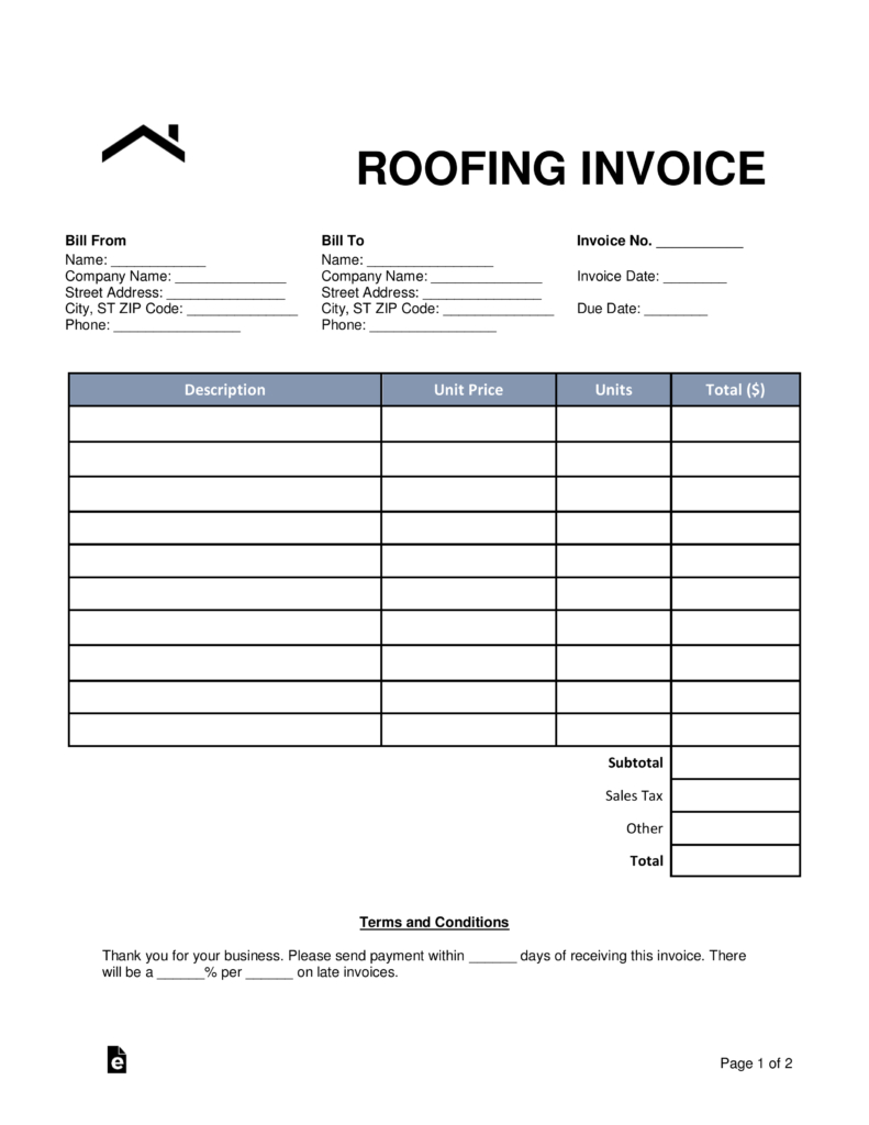 Free Printable Roofing Invoice Form - 15.10.hus-Noorderpad.de • - Free Bill Invoice Template Printable
