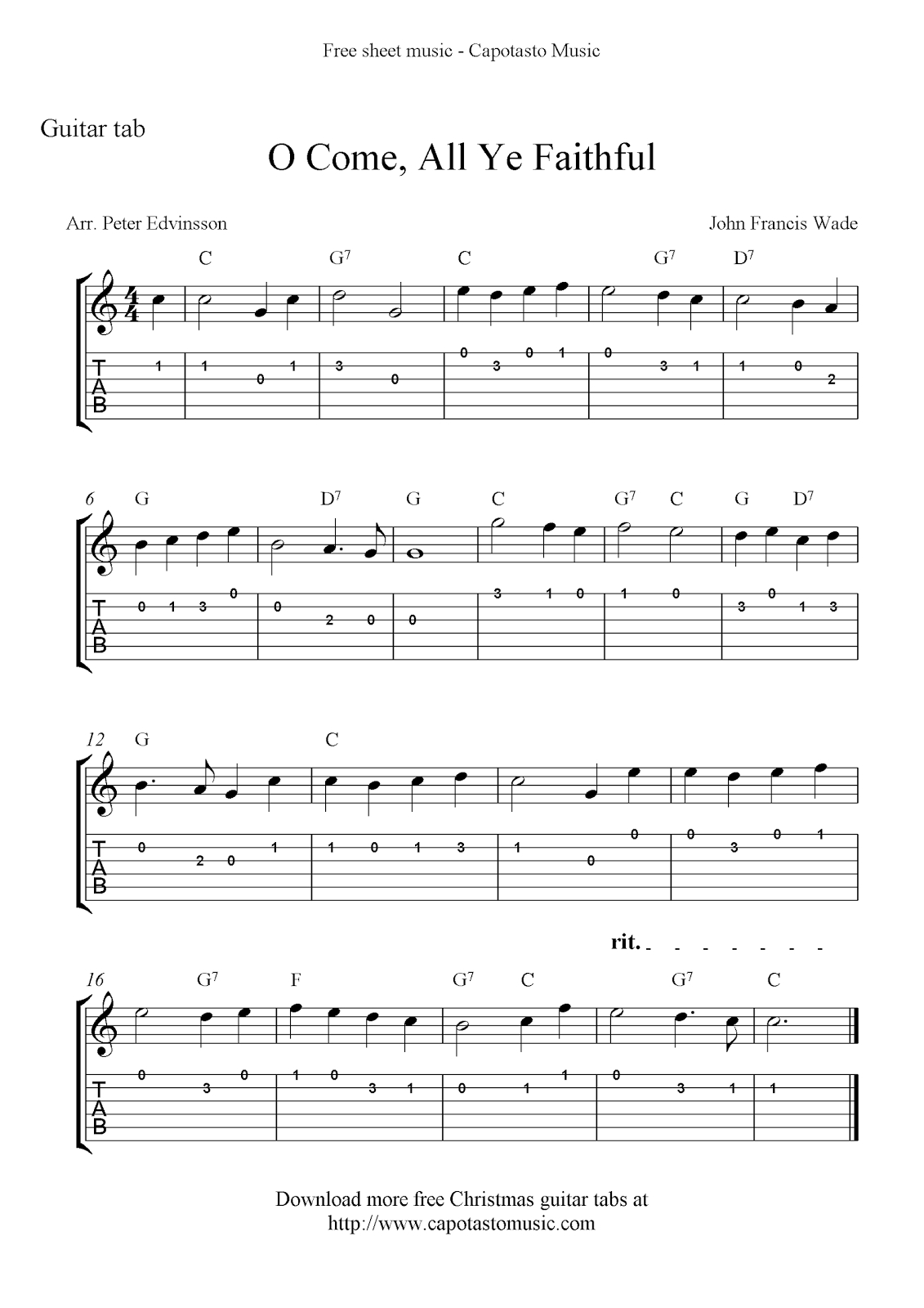 Free Printable Sheet Music: O Come, All Ye Faithful, Easy Free - Free Guitar Sheet Music For Popular Songs Printable