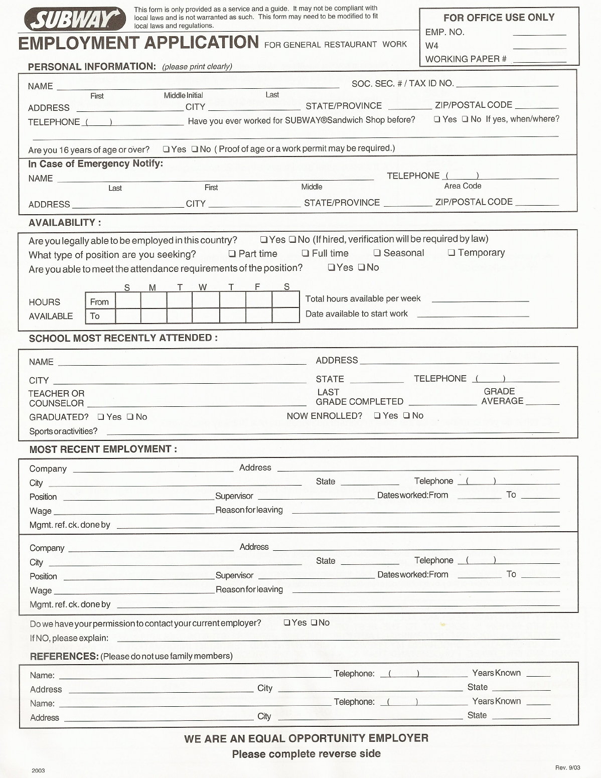 Free Printable Subway Job Application Form Free Online Printable
