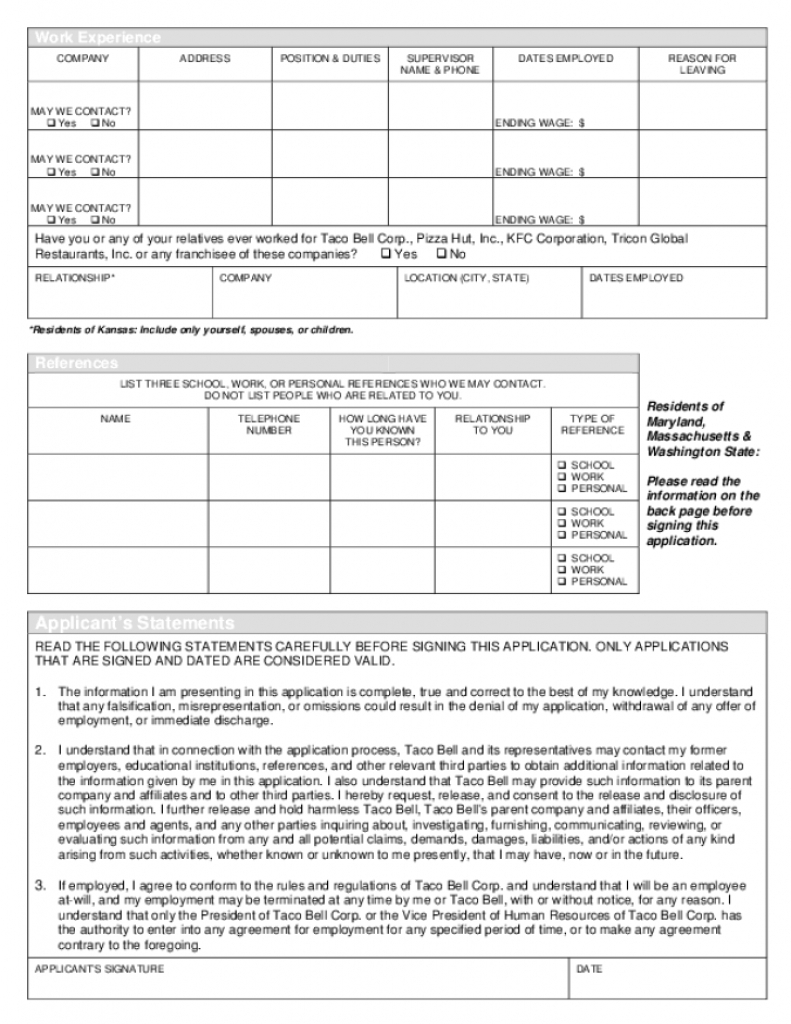 Free Printable Taco Bell Job Application Form Page 3 Within Free - Free Printable Taco Bell Application