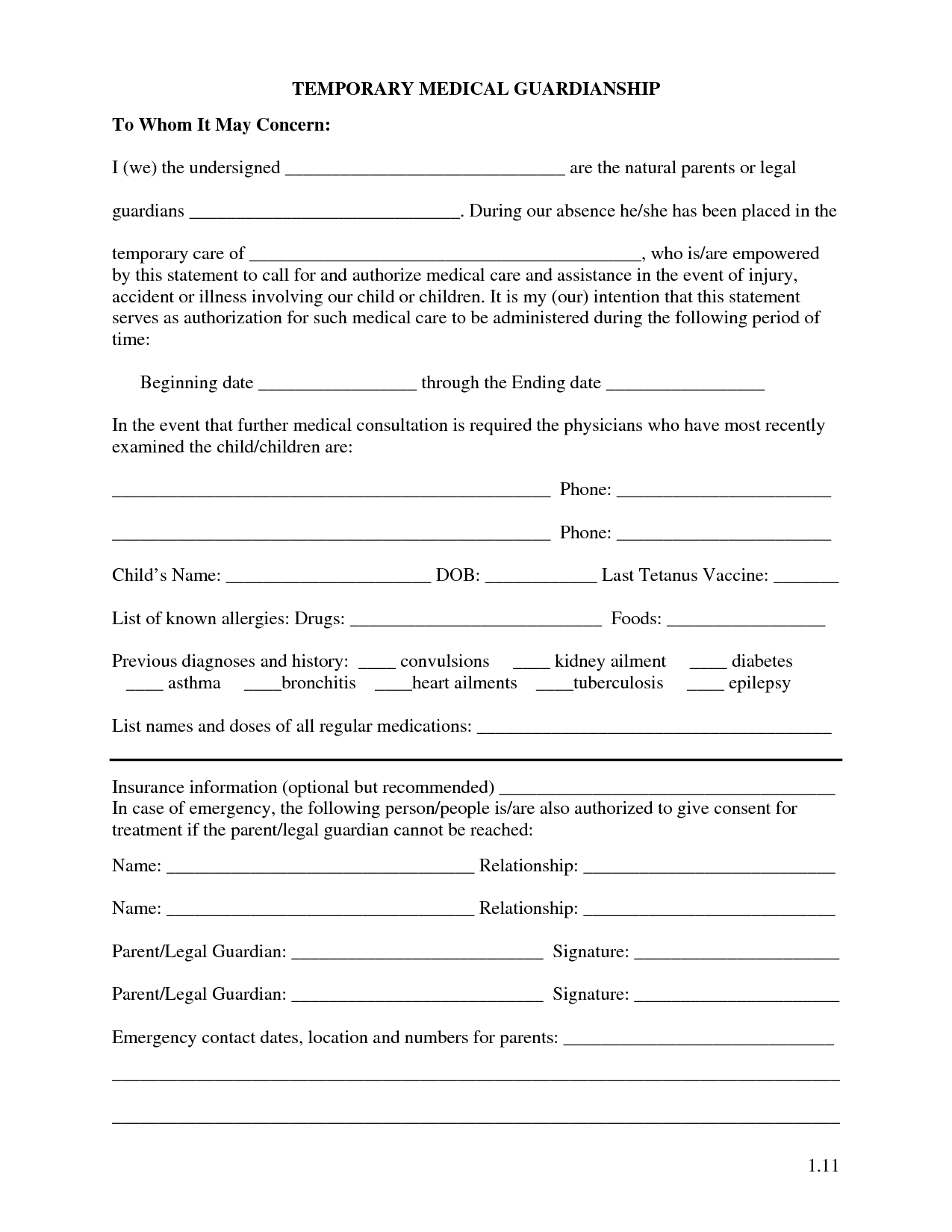 Free Printable Temporary Guardianship Form Free Printable