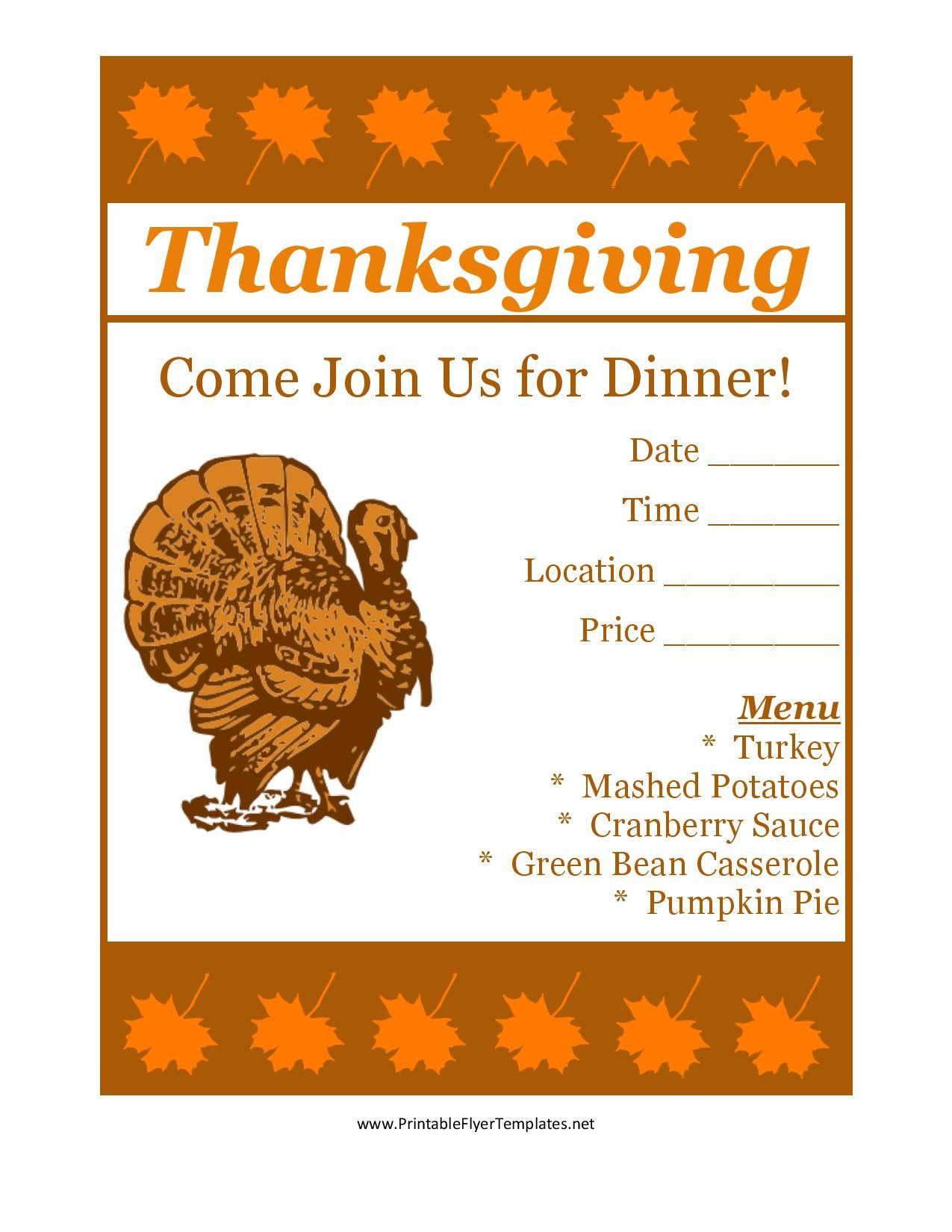 Free Printable Thanksgiving Flyer Invintation Template | Holiday&amp;#039;s - Free Printable Thanksgiving Menu Template