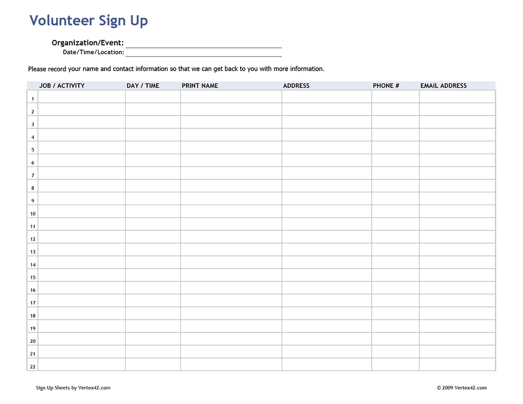 Free Printable Volunteer Sign Up Sheet (Pdf) From Vertex42 - Free Printable Sign In Sheet
