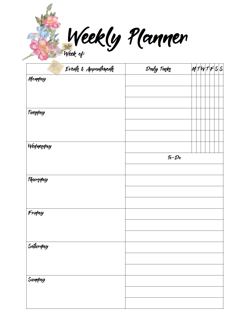 Free Printable Weekly Planners: Monday Start - Free Printable Weekly Planner