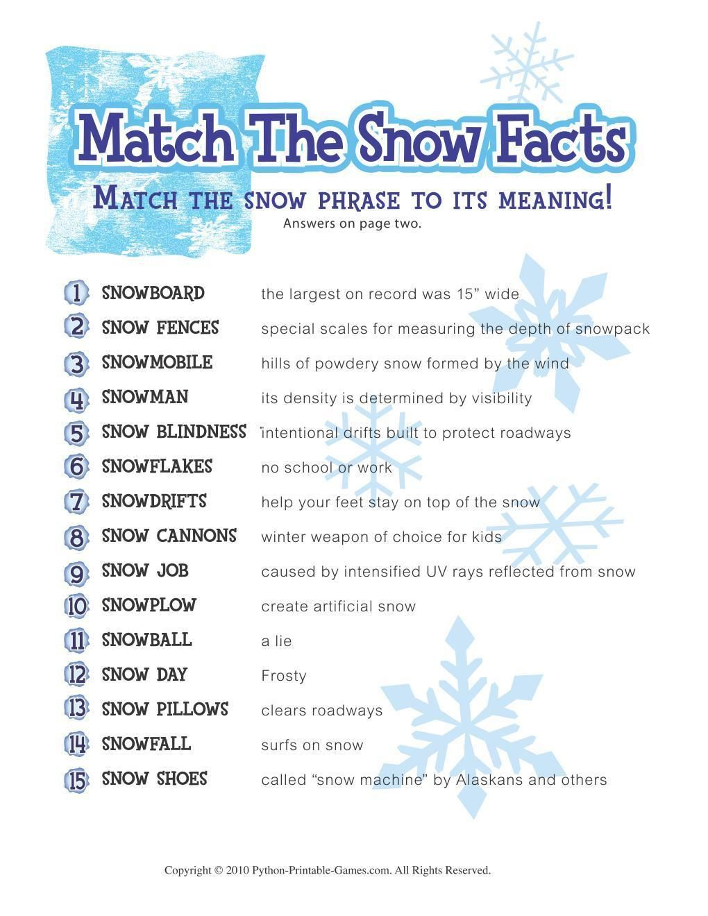 Free Printable Winter Game Match The Snow Facts Download | Winter - Free Holiday Games Printable