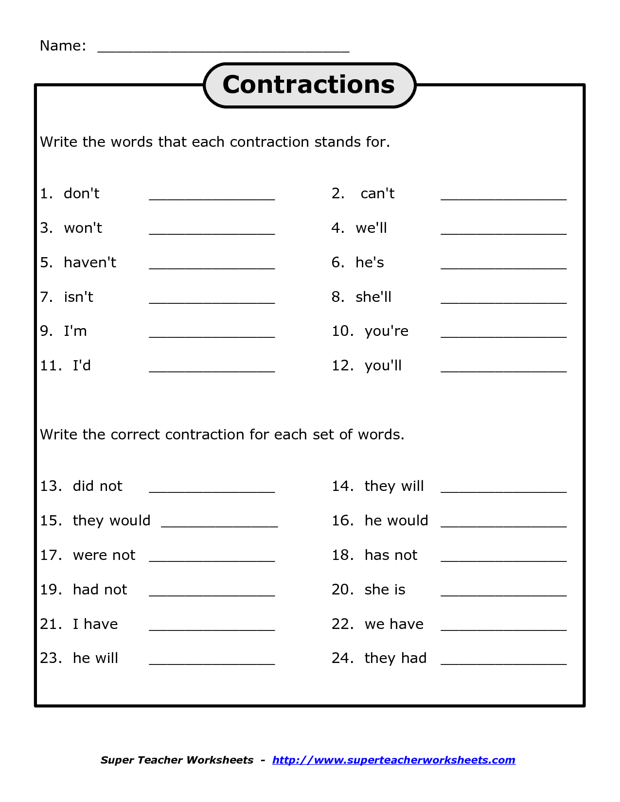 Free Printables For 4Th Grade Science | Free Printable Contraction - Free Printable Worksheets For 1St Grade Language Arts