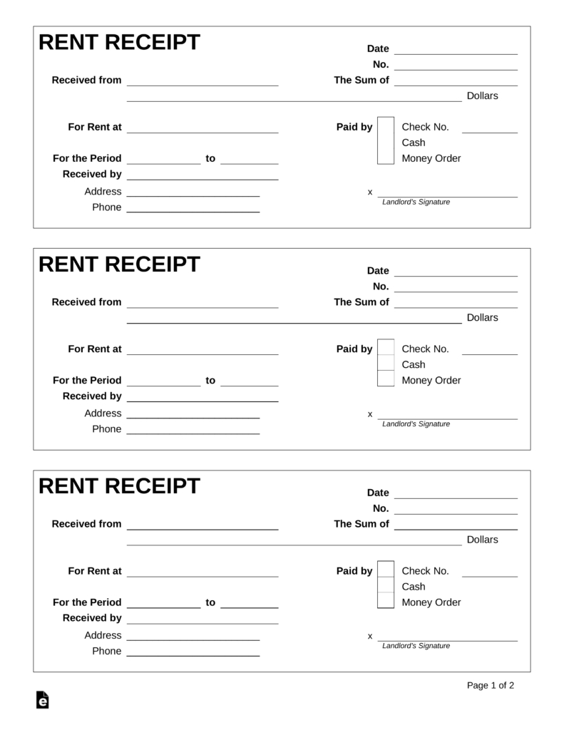 Free Rent Receipt Template - Pdf | Word | Eforms – Free Fillable Forms - Free Printable Rent Receipt