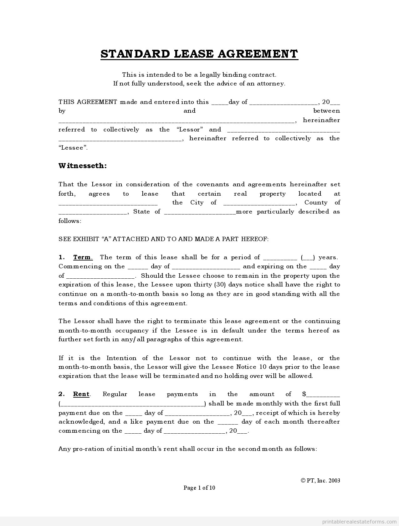 Free Rental Agreements To Print | Free Standard Lease Agreement Form - Free Printable Lease Agreement Texas
