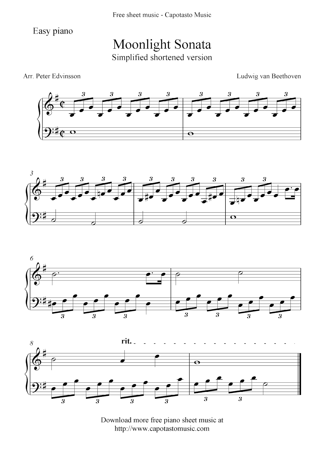 Free Sheet Music Scores: Free Easy Piano Sheet Music, Moonlight - Free Printable Piano Pieces