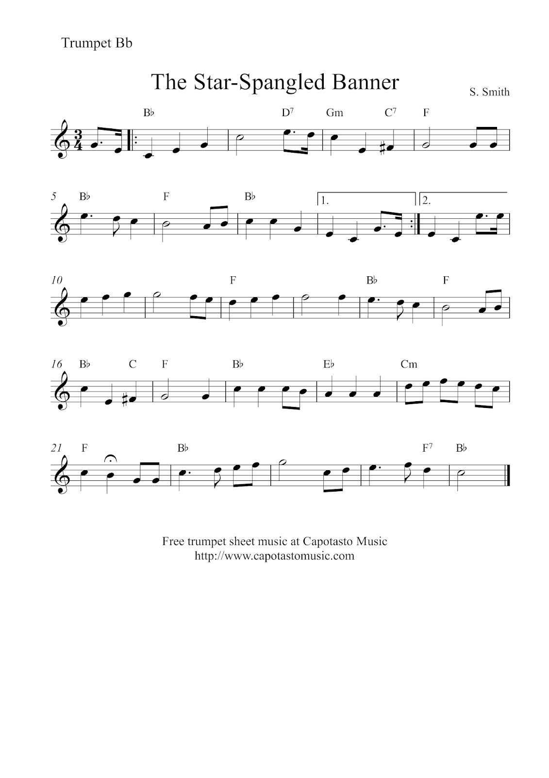 Free Trumpet Sheet Music | The Star-Spangled Banner - Free Printable Piano Sheet Music For The Star Spangled Banner