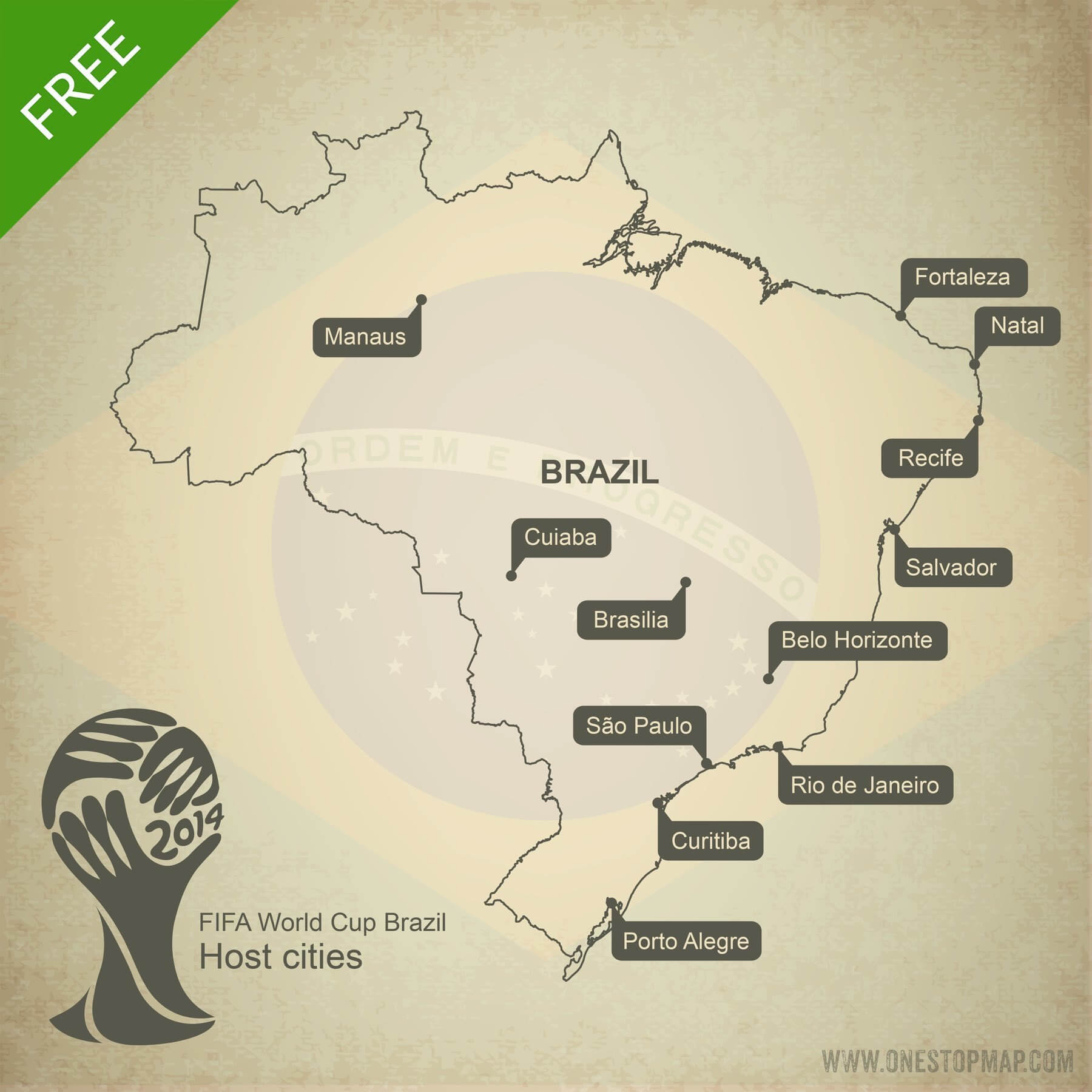 Free Vector Map Of Brazil World Cup 2014 | One Stop Map - Free Printable Map Of Brazil