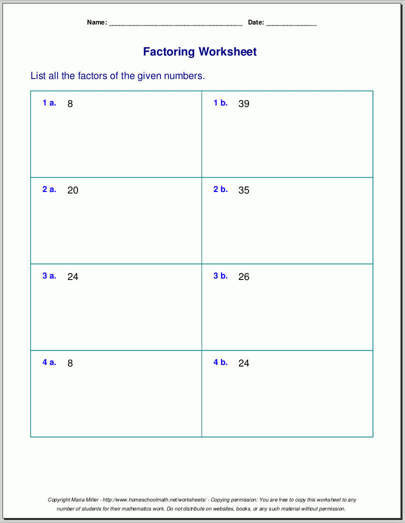 Free Worksheets For Prime Factorization / Find Factors Of A Number - Free Printable Greatest Common Factor Worksheets
