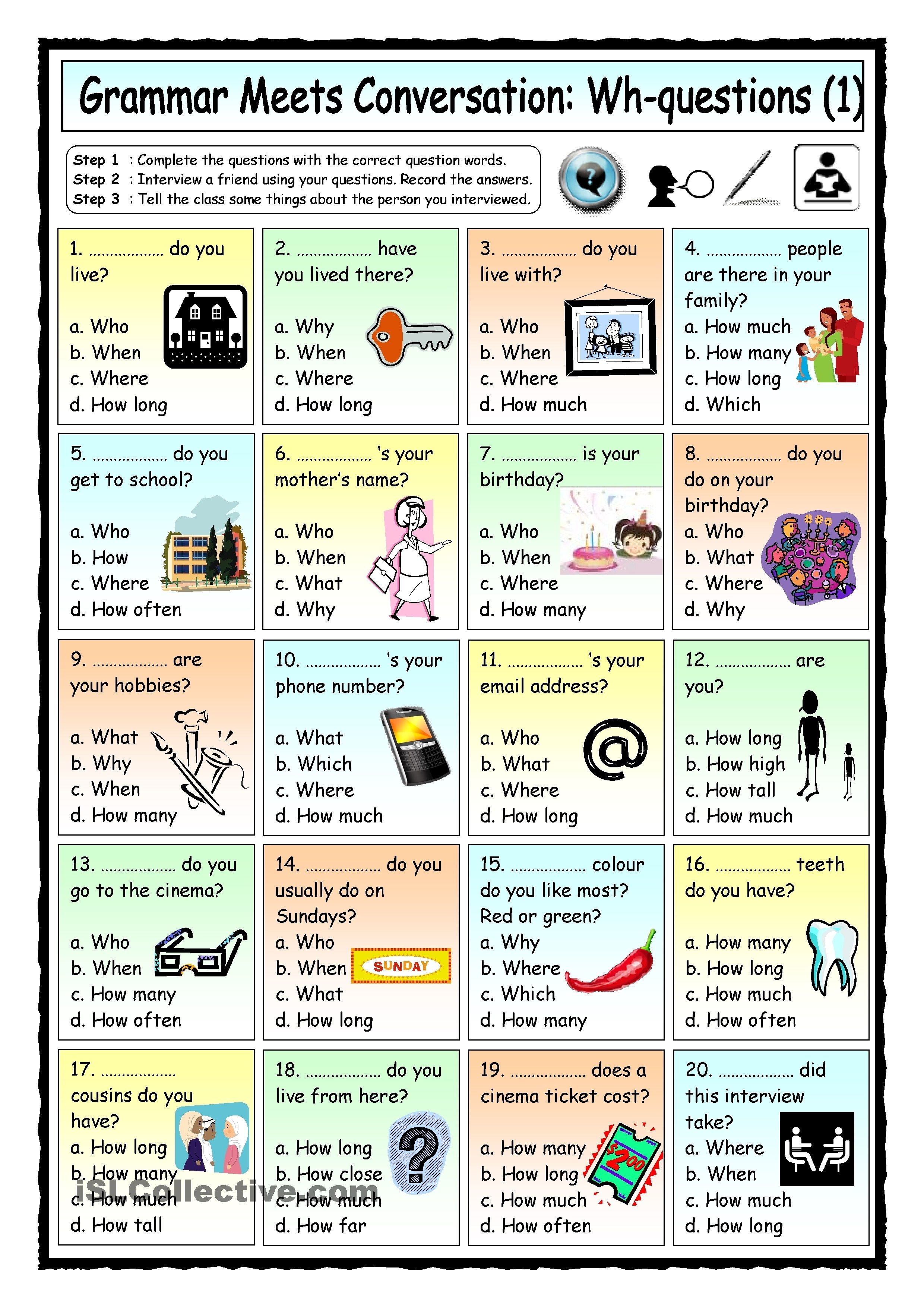 Grammar Meets Conversation: Wh-Questions (1) - Getting To Know You - Free Printable English Conversation Worksheets