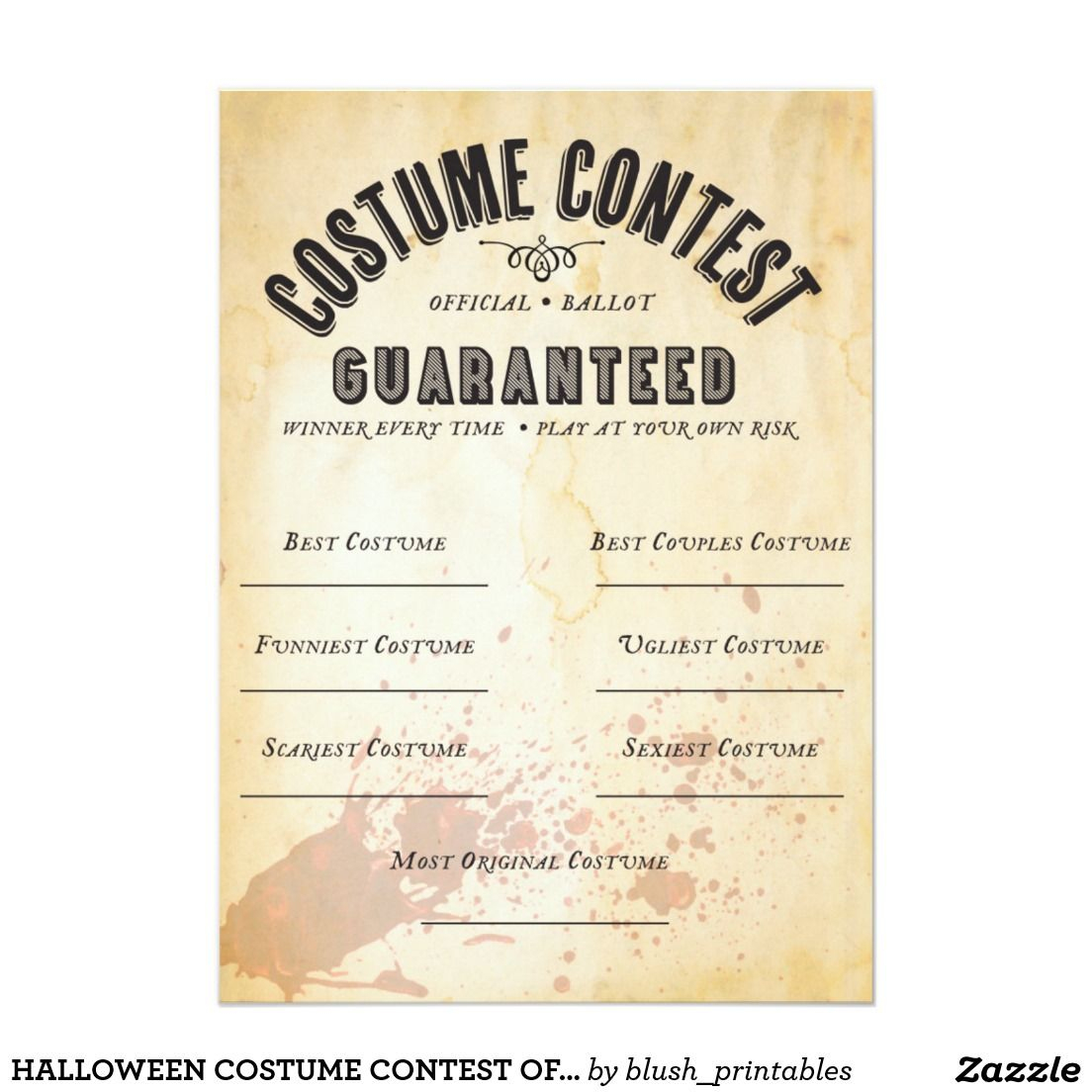 Halloween Costume Contest Official Ballot Card | Zazzle - Best Costume Certificate Printable Free
