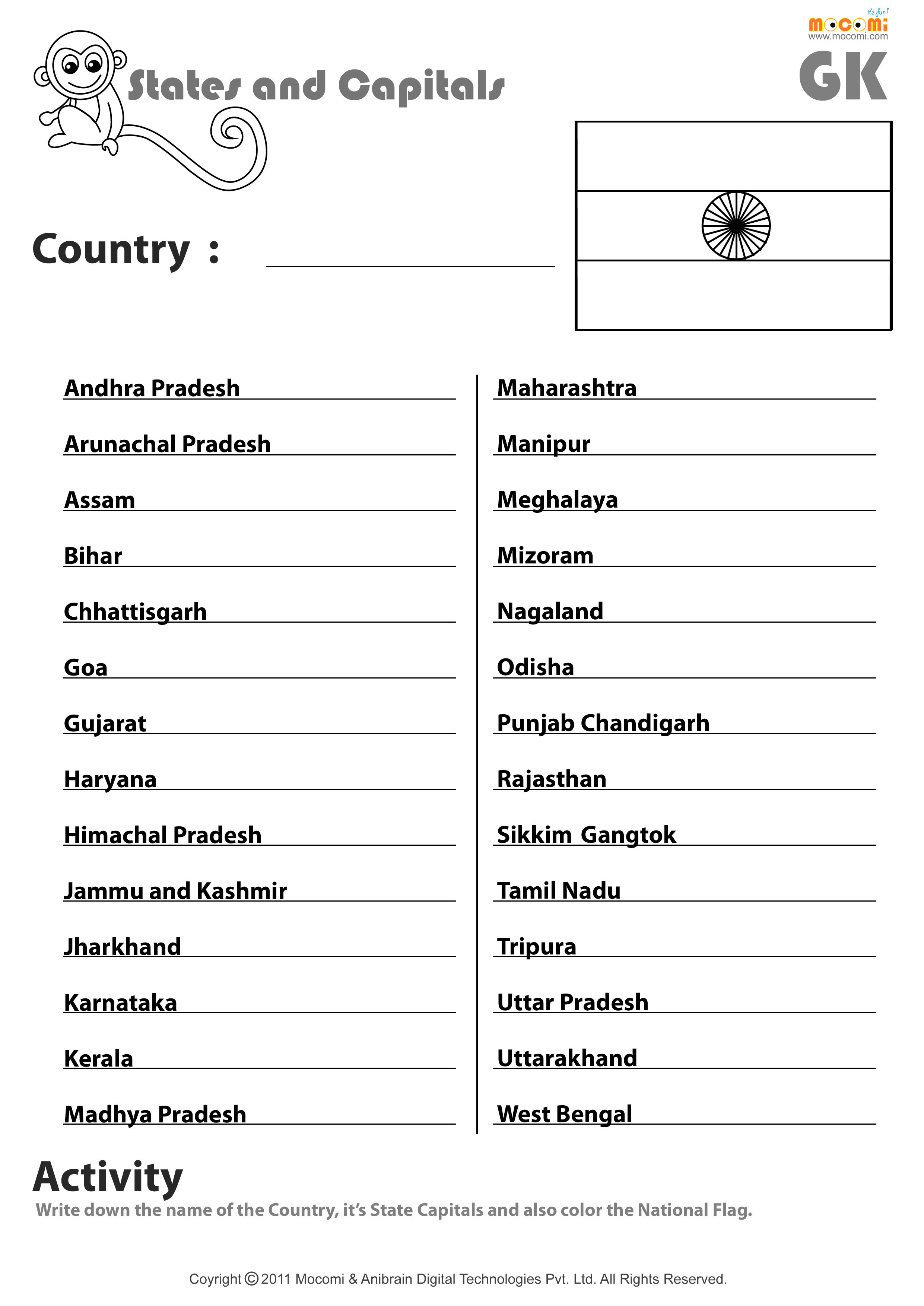 Indian States And Their Capitals - English Worksheets For Kids | Mocomi - Free Printable States And Capitals Worksheets