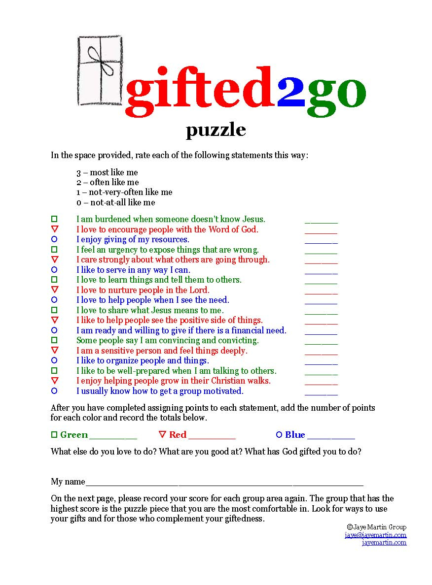 Jaye Martin Ministries Blog: Gifted2Go Puzzle - Free Printable Spiritual Gifts Test