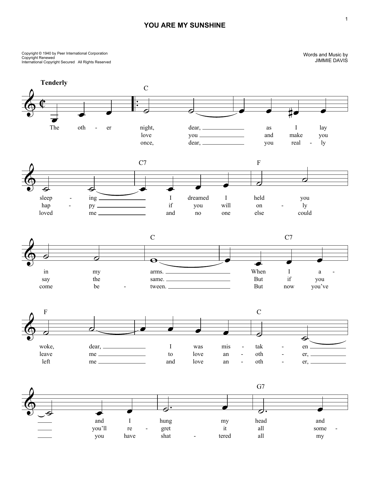 free printable you are my sunshine piano chords